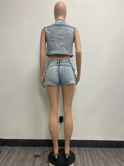 Multi Pockets Jeans Shorts Outfit Set Sexy Women Elegant Two Pieces Denim Club Matching Set Top+Shorts
