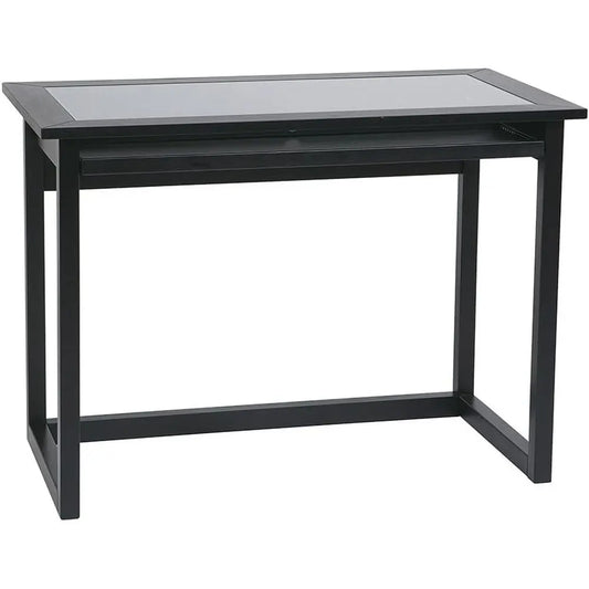 42 Wide Glass Top Computer Desk with Pullout Keyboard Tray and Storage, Black Wood Frame