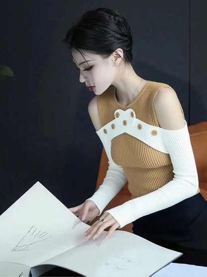 Women Clothing Autumn Fashion Simplicity Trend Hollow Out Knitting O-neck Female Color Blocking Appear Thin Slim Pullovers Sweat