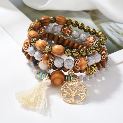 4Pcs Bohemia Tree Of Life Charm Beaded Bracelet Set For Women Handmade Wood Beads Chain Bangle Female Boho Jewelry