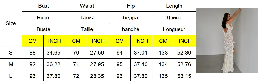 Sexy Hollow Out Lace Maxi Dress Women Spaghetti Strap Ruffles Party Club Robes Backless Side Slit Beach Vacation Lady Dress