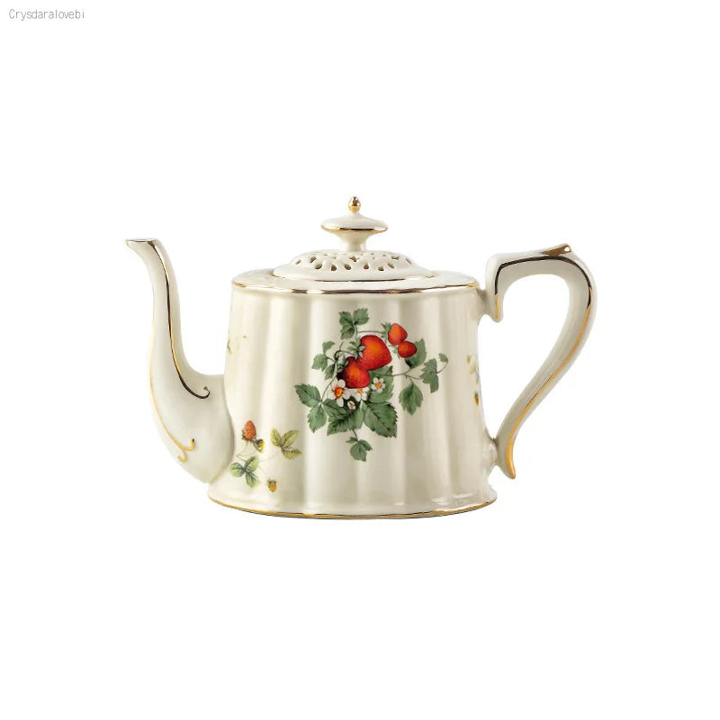 French Retro Teapot Coffee Cup Set Gold Edge Cup Saucer Strawberry Flower Big Teacup English Afternoon Tea Restaurant Bar Cafe