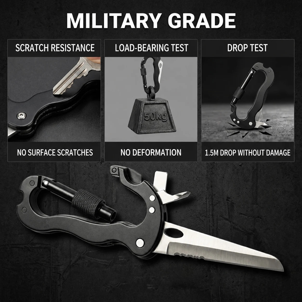 7-in-1 Multifunctional Carabiner EDC Survival Gear with Knife Bottle Opener Fire Starter Screwdriver for Camping Hiking