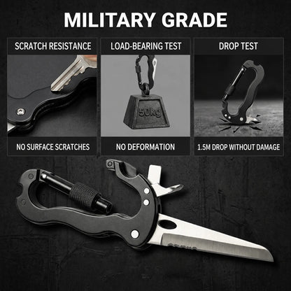 7-in-1 Multifunctional Carabiner EDC Survival Gear with Knife Bottle Opener Fire Starter Screwdriver for Camping Hiking