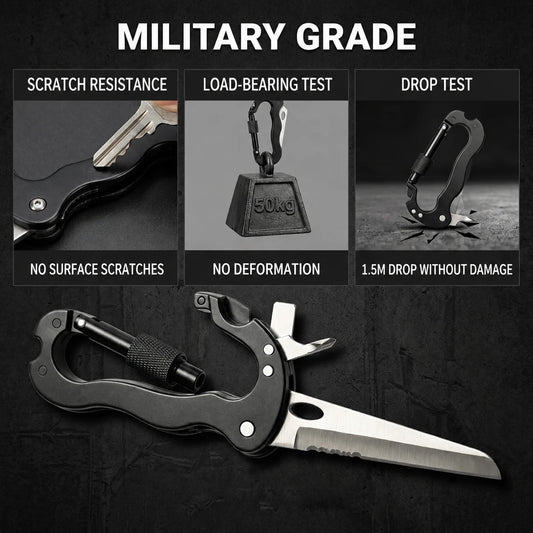 7-in-1 Multifunctional Carabiner EDC Survival Gear with Knife Bottle Opener Fire Starter Screwdriver for Camping Hiking