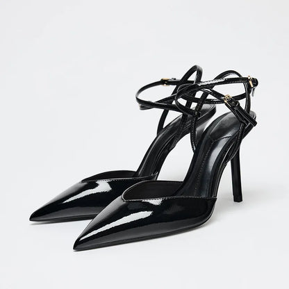Elegant Pointed Toe Ankle Strap Brand Pumps Women High Quality Patent Leather Buckle Thin Heel Slide Sandals Banquet Dress Shoes