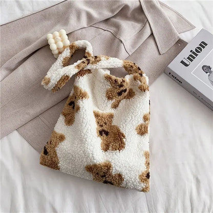 Women Plush Shoulder Bag Warm Cloth Fabric Handbag Soft Canvas Tote Large Capacity Shopping Bags Cute Bear Book Bags For Ladies