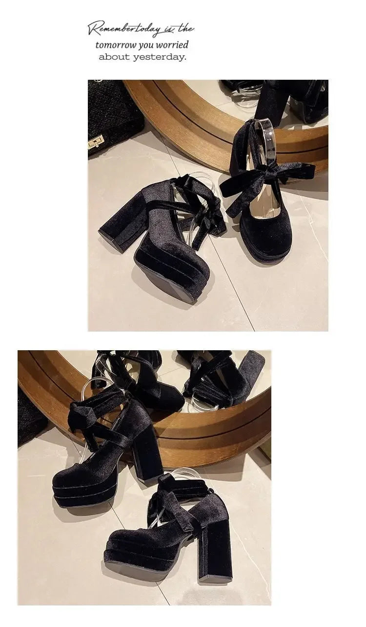 Platform Mary Janes Shoes Women Suede Luxury High Heel Lace Up Trend Lolita Shoes Elegant Chunky Party Pumps Zapatos De Mujer