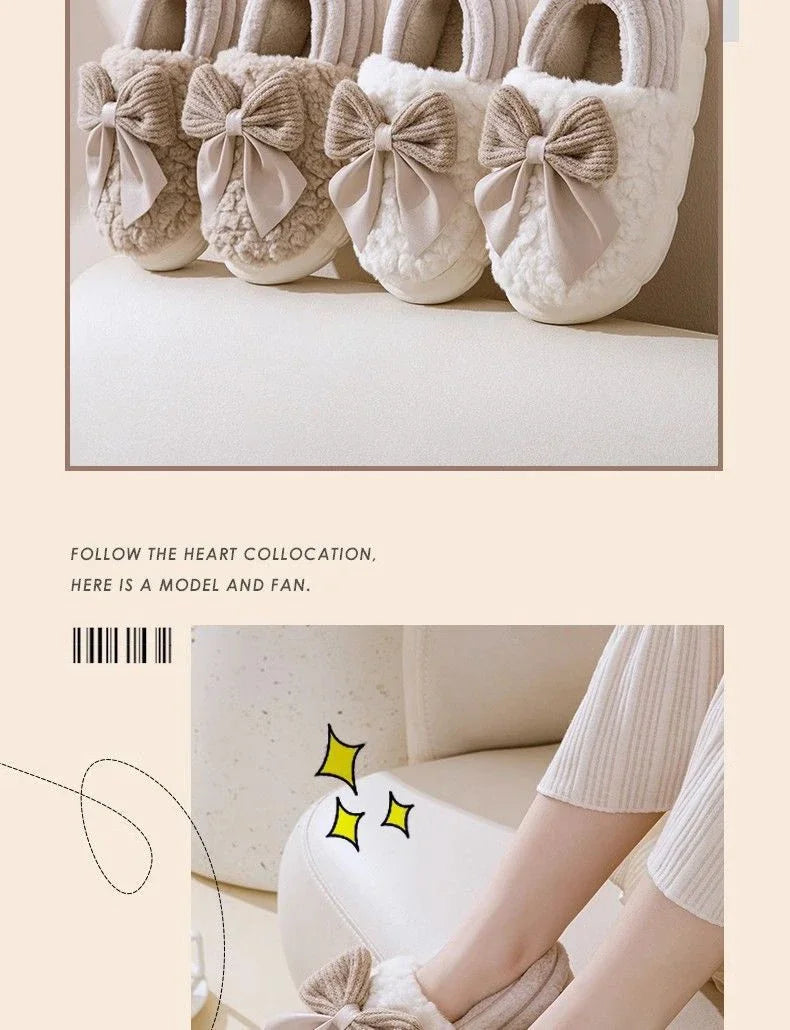 Thick Soled Non Slip Home Plush Slippers 2025 New Cotton Slippers for Women Bow Slippers for Autumn and Winter Warm for Women