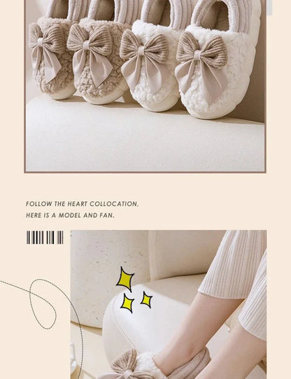 Thick Soled Non Slip Home Plush Slippers 2025 New Cotton Slippers for Women Bow Slippers for Autumn and Winter Warm for Women