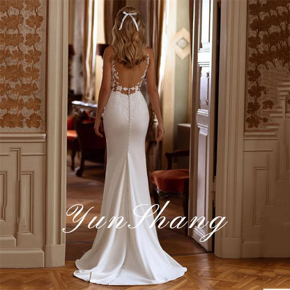 Yunshang Elegant Mermaid Wedding Dresses Women Open Back V-Neck Lace Spaghetti Straps Bridal Gown Vestidos De Novia Customized