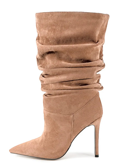 2025Women's Autumn and Winter New Pleated High-heeled Short Boots with Pointed Sleeves, Women's 35-47 Large Mid Length Boots