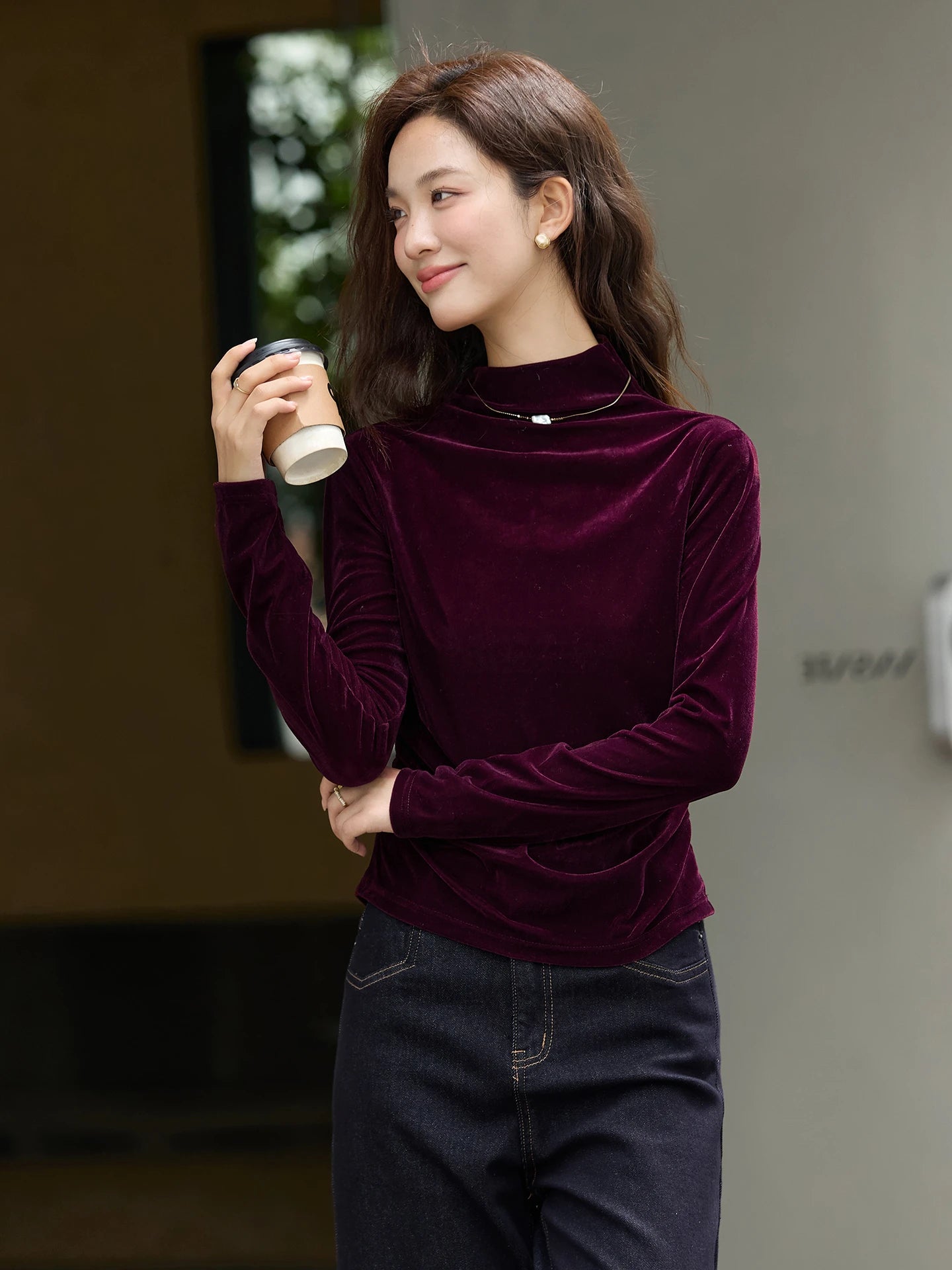 VIMLY Women's Red Velvet T-shirt Casual Knitted Slim Fit Tops Winter 2026 Vintage Mock Neck Folds Long Sleeve Ladies Tees A3305