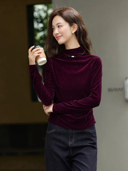 VIMLY Women's Red Velvet T-shirt Casual Knitted Slim Fit Tops Winter 2026 Vintage Mock Neck Folds Long Sleeve Ladies Tees A3305