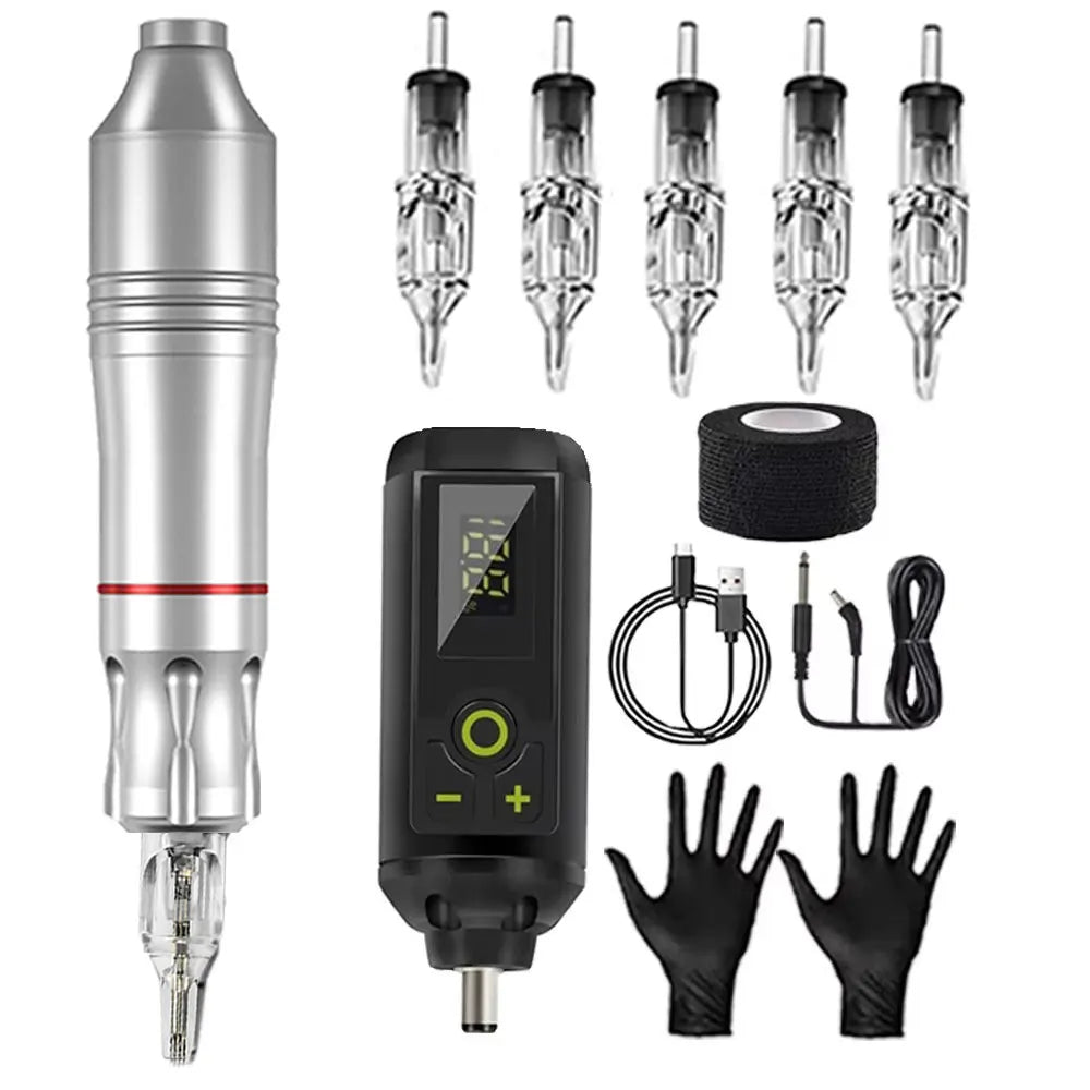 Tattoo Kit Rotary Wireless Tattoo Machine Pen with Tattoo Cartridge Needles Accessories Set Tattoo Design Draw Kit