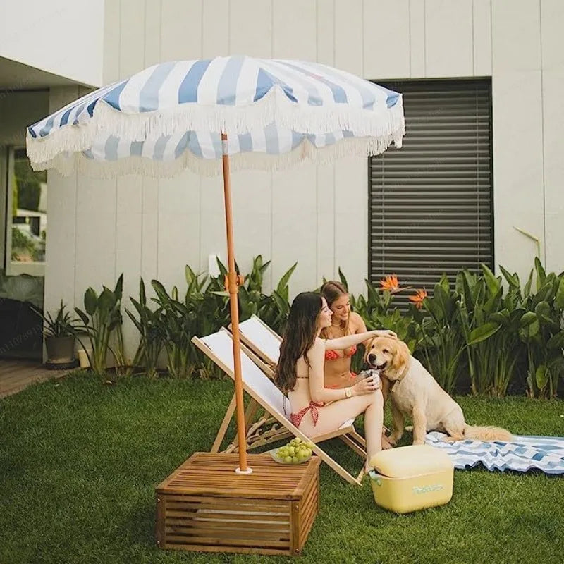2m yellow striped umbrella with tassels, outdoor shade, beach umbrella, courtyard camping, sun protection