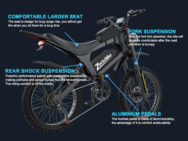 ZorixBike R8Max Adult Ebike 3000W Motor 35 MPH 48V 20Ah Lithium-Ion Battery 40-80 Mile Range Front 19"/ Rear 17"  Off-Road Tires
