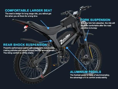 ZorixBike R8Max Adult Ebike 3000W Motor 35 MPH 48V 20Ah Lithium-Ion Battery 40-80 Mile Range Front 19"/ Rear 17"  Off-Road Tires