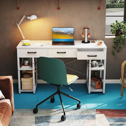 Small Computer Desk for Home Office, 48"x16" Writing Desk with Fabric Drawers & Storage Shelves, White