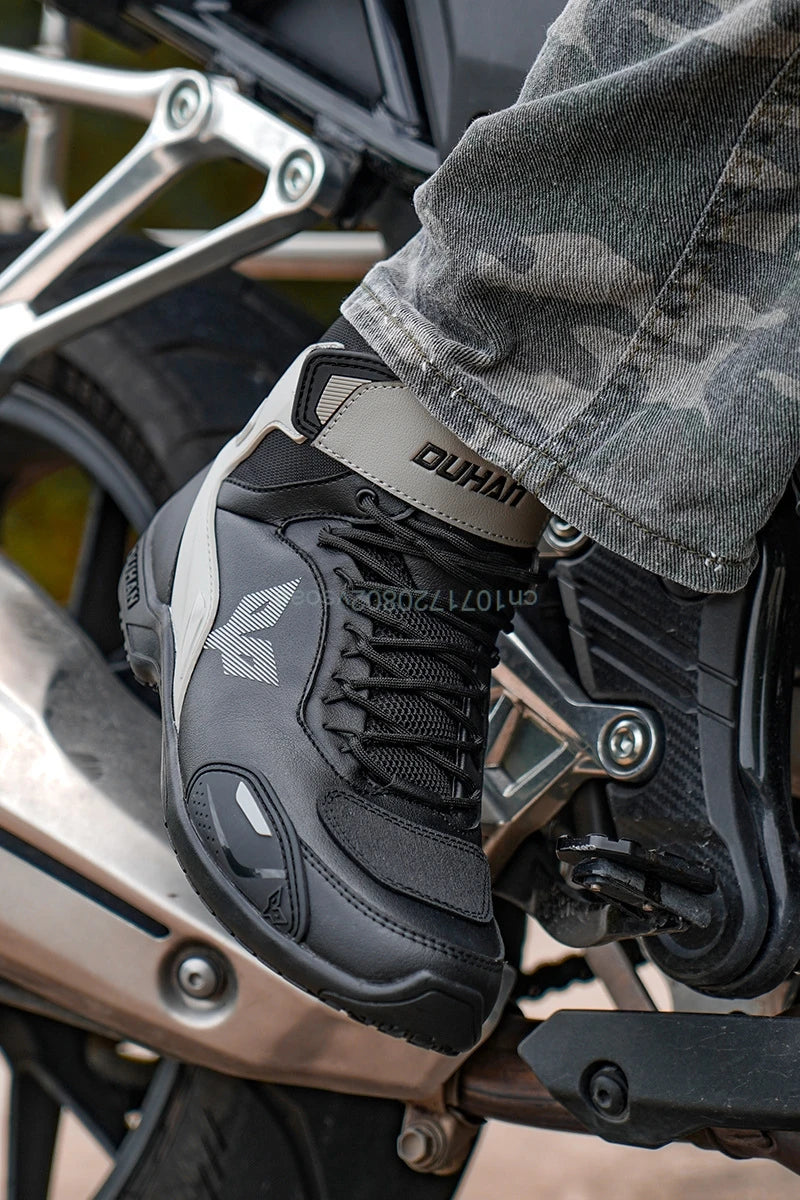 DUHAN  Motorcycle Boots Male Boots for Men Motocross Waterproof Anti Slip Fall Prevention Mid Top Leather Cycling Riding Shoes