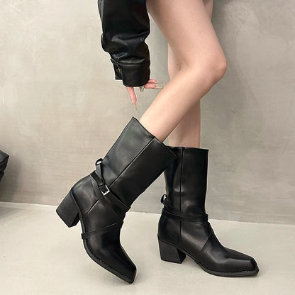 New Women Square Toe Cross Strap Buckle Knee High Boots Leather Chunky Heel Vintage Tall Boots Ladies Daily Commute Botas Mujer