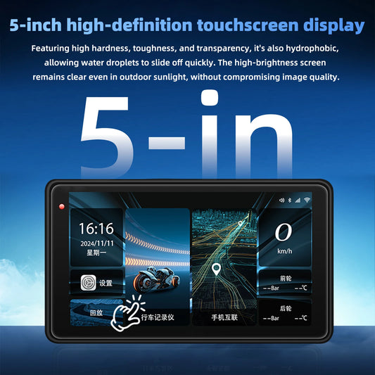 Motorcycle GPS Navigation Screen with 1080P Dash Cam Front and Rear 5in IP68 Waterproof Touchscreen Bluetooth Audio Receiver