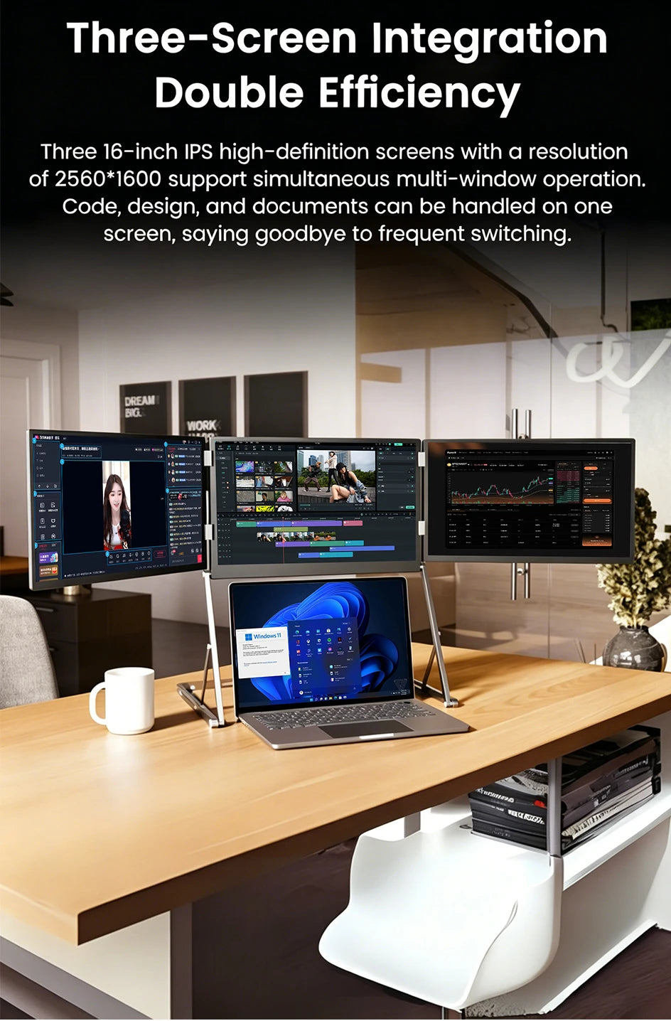Sibolan 16 inch 2.5K Three Screen Portable Monitor 60Hz 100% sRGB Metal Body HDMI USB-C Laptop Display Extender For Wins mac OS