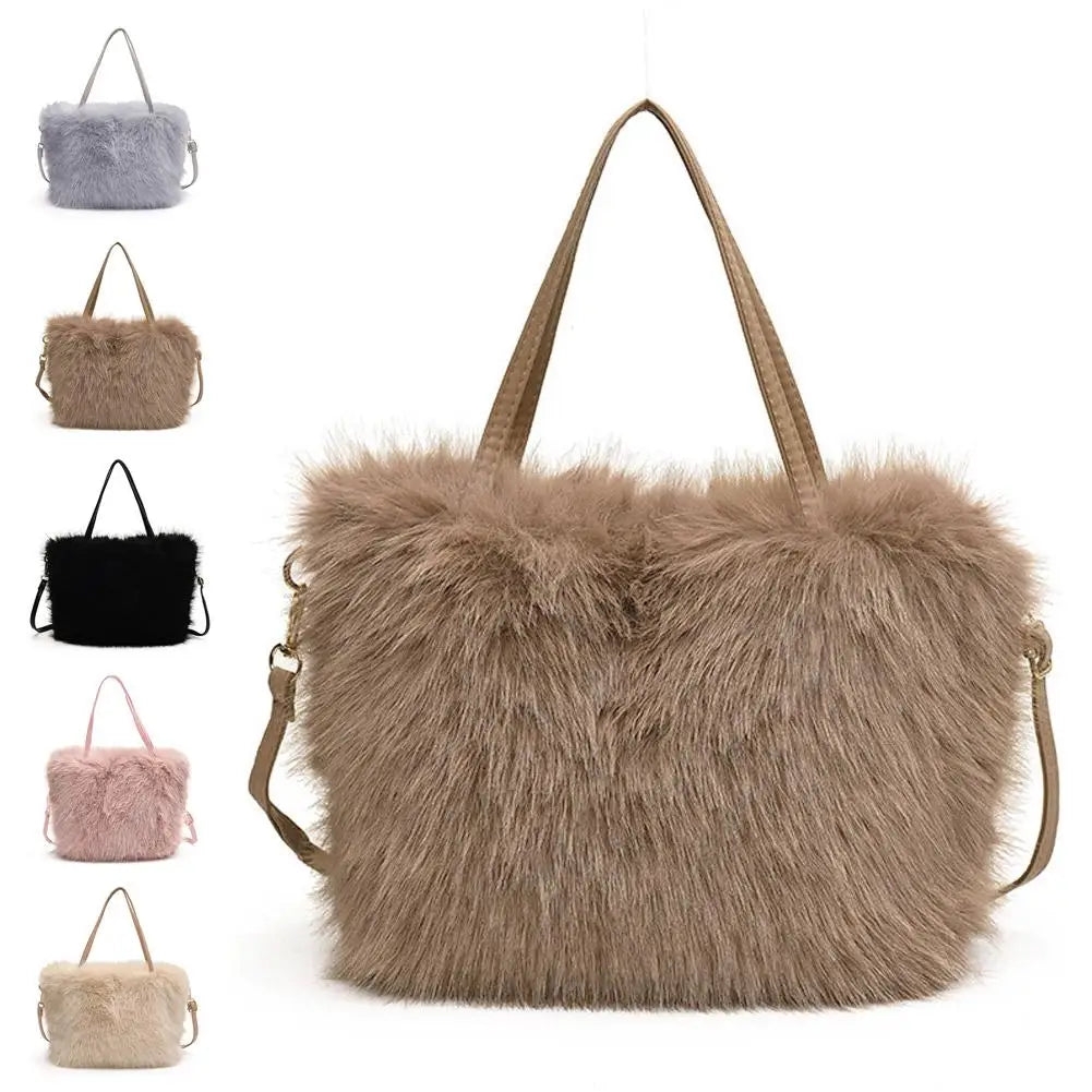 Fahion Faux Fur Tote Bag Women's Bucket Plush Luxury Design Ladies Handbags Winter Crossbody Shoulder Bags