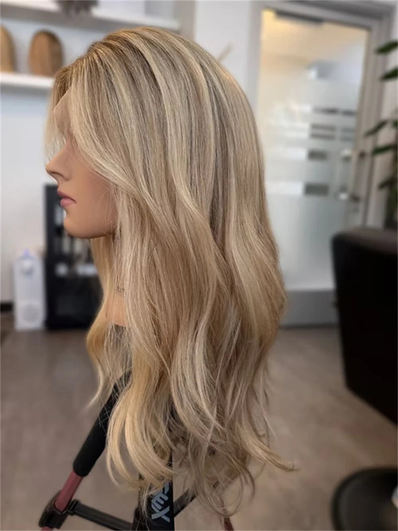 Trendy Wigs Free Part Ombre Golden Blonde Highlights Synthetic HD Lace Front Wig Preplucked Hairline High Quality Wig for Women