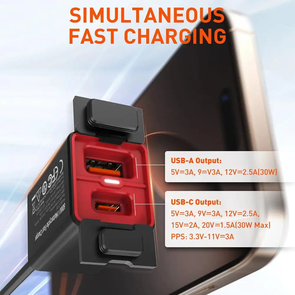 Premium Motorcycle USB C Fast Charger PD+QC3.0 60W Socket Charger Phone Cell 12V/24V Adapter Waterproof Vehicle-Mounted C T C9S6