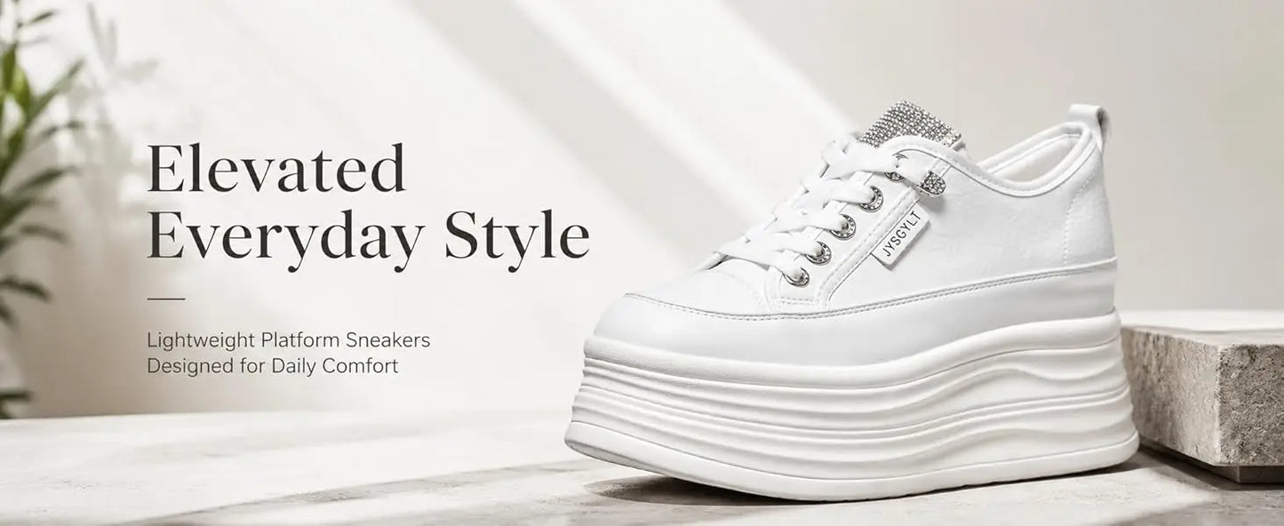 Fujin Casual Shoes For Woman Shoes on Platform Heel Shoes 9 cm 3 inch  White Comfortable High Heel Hidden Chunky Wedge Sneakers