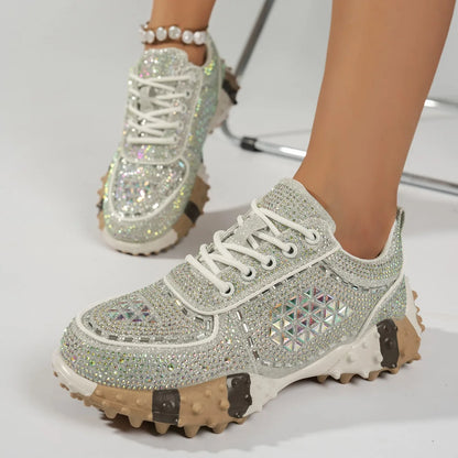 2026 Thick Soled Color Blocked Women's Sneakers Luxury Rhinestone Loafers Fashion Versatile Comfort Anti Slip Women Shoes Tenis