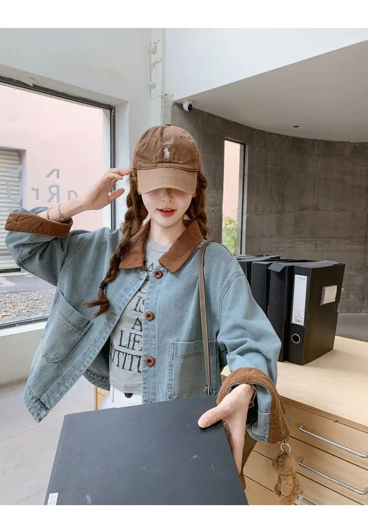 Women Clothing Autumn Fashion Korean Button Color Blocking Polo Collar Female All-match Fashionable Pocket Appear Thin Cardigan
