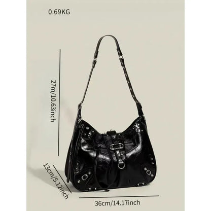 SHELKSBAG Motorcycle Cool Girl Vintage Leather Shoulder Message Bag Large Capacity Crossbody New Women's Bags Grunge Y2K