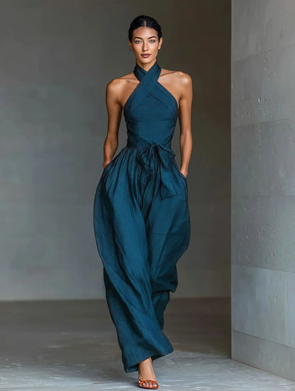Chic High Waist Tie-up Wide Leg Pants Jumpsuit Women Sexy Criss Cross Halter Backless Zips Romper Summer Solid Office Overalls