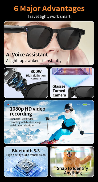 V3 AI Smart Glasses with ChatGPT, 8MP Camera Video Recording, Bluetooth Calls, Voice Wake, Music Playback Sunglasses
