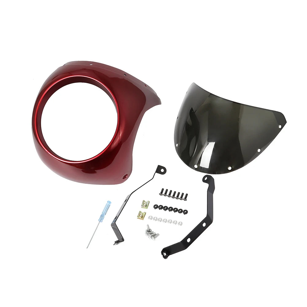Motorcycle Red/White Front Headlight Fairing Windshield For Cafe Racer Honda Universal 7inch/16.5~18cm Retro Headlamp Windscreen
