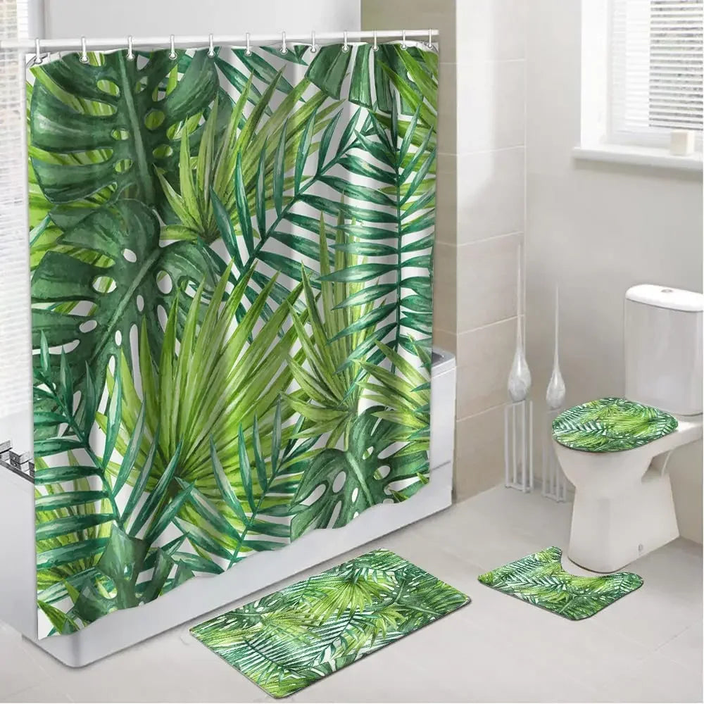 Banana Leaf Shower Curtain Set Non-Slip Rug Bathroom Accessories Tropical Palm Plant    Botanical Floral Green
