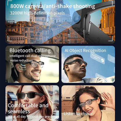 2026 Smart Glasses 800W HD Camera Anti Shake Video Recording Music AI Object Recognition WIFI Transmission BT Call Smart Glasses