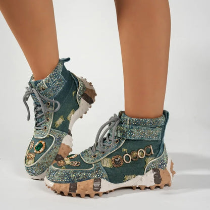 Luxury Rhinestone Casual Women's Sneakers High Top Thick Bottom Loafers 2026 Fashion Comfort Lace Up Women Shoes Tênis Feminino