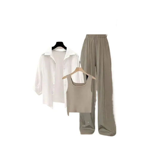 2026 Summer New Fashion Tracksuit Matching Set Women's Elegant White Sunscreen Shirt+Vest+Casual Wide Leg Pants 3-Piece Suit