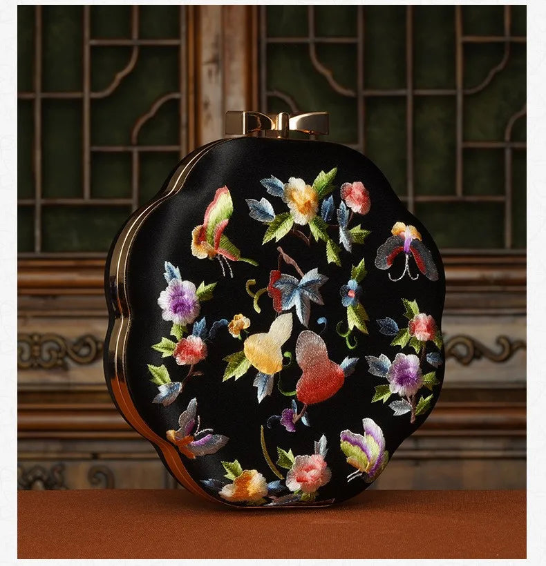 Cape-Bay Embroidered Women's Bag with Cheongsam, Chinese Classical Flower Embroider Small Bag Flower Cloth Bag, Gold Edged Gold Lock Chain Bag, Fashionable Niche Black Flower Cloth Bag, Banquet Party Casual Shoulder Bag, Cros