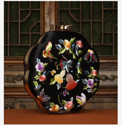 Cape-Bay Embroidered Women's Bag with Cheongsam, Chinese Classical Flower Embroider Small Bag Flower Cloth Bag, Gold Edged Gold Lock Chain Bag, Fashionable Niche Black Flower Cloth Bag, Banquet Party Casual Shoulder Bag, Cros