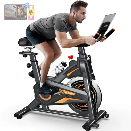 Indoor stationary exercise bike for home fitness with 350 lb weight capacity magnetic resistance workout bike featuring Bluetoo
