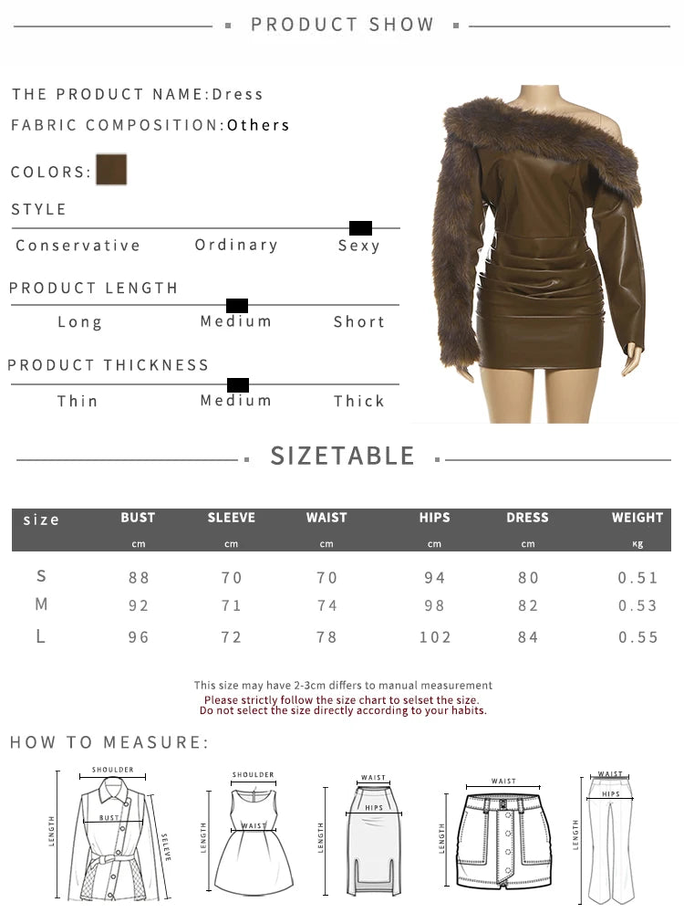 Kliou Faux Leather Mini Dresses Woman Furry Patchwork Skew Collar Full Sleeve Backless High Waist Street Fashion Classic Bodycon