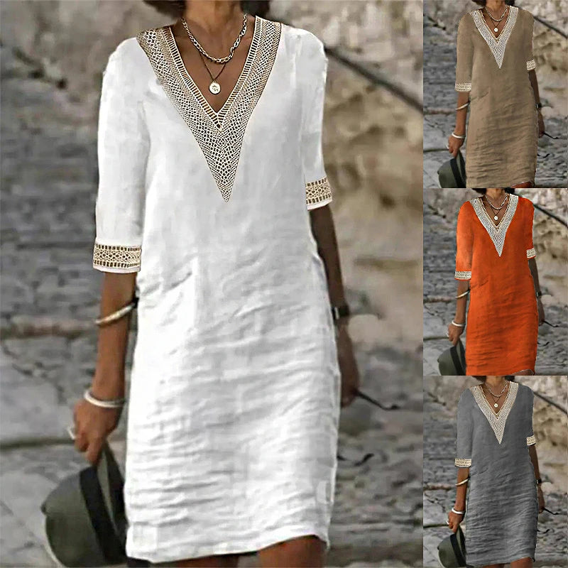 New solid color V-neck mid-sleeved elegant dress