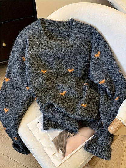 New Autumn Winter Comfortable Heart Pattern Sweater Long Sleeve Pullover Round Neck Top Sweater Warm Versatile Women's Clothing