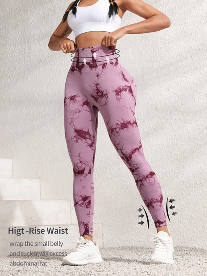 Hip Lifting Seamless Fitness Gym Leggings Tie-Dye Yoga Pants Women's Exercise Tights Tummy Control High Waist Workout Pants