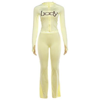 Weird Puss Letter Print Tracksuit 2-Piece Set Women Hooded Jacket+Leggings Matching Stretch Street Casual Sporty Slim Outfits