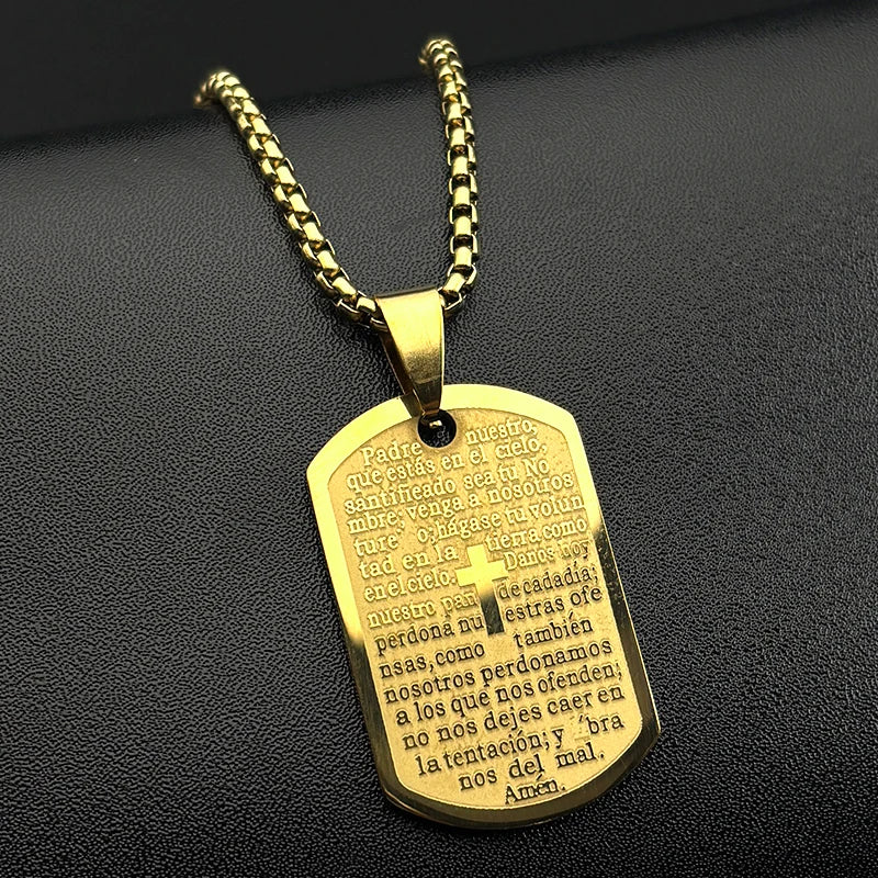 Christian The Lord's Prayer Cross Bible Spainsh Verse Dog Tag Necklace for Women Men Stainless Steel Jesus Chain Jewelry Gift